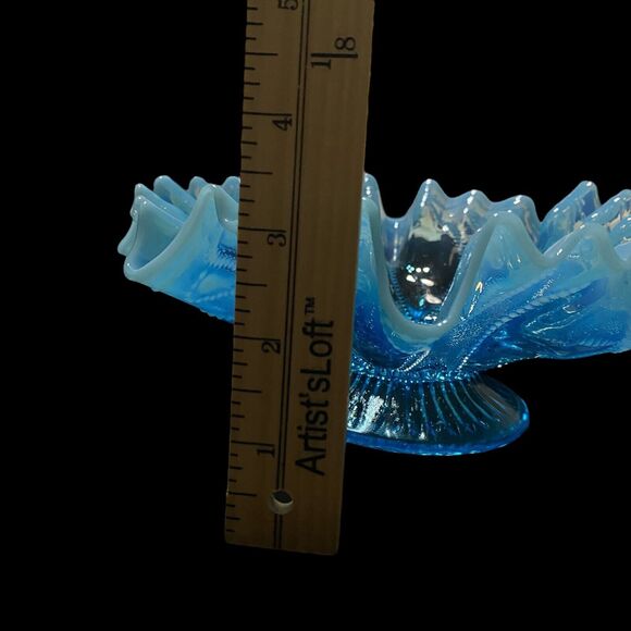 Nothwood Opalescent Blue Antique Glass Roulette Bowl 1906 Crimped Ruffled Edge - Picture 9 of 10